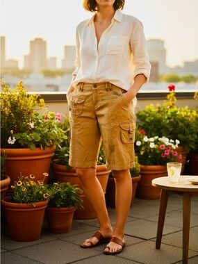 Women's Tan Cargo Bermuda Shorts with Utility Pockets